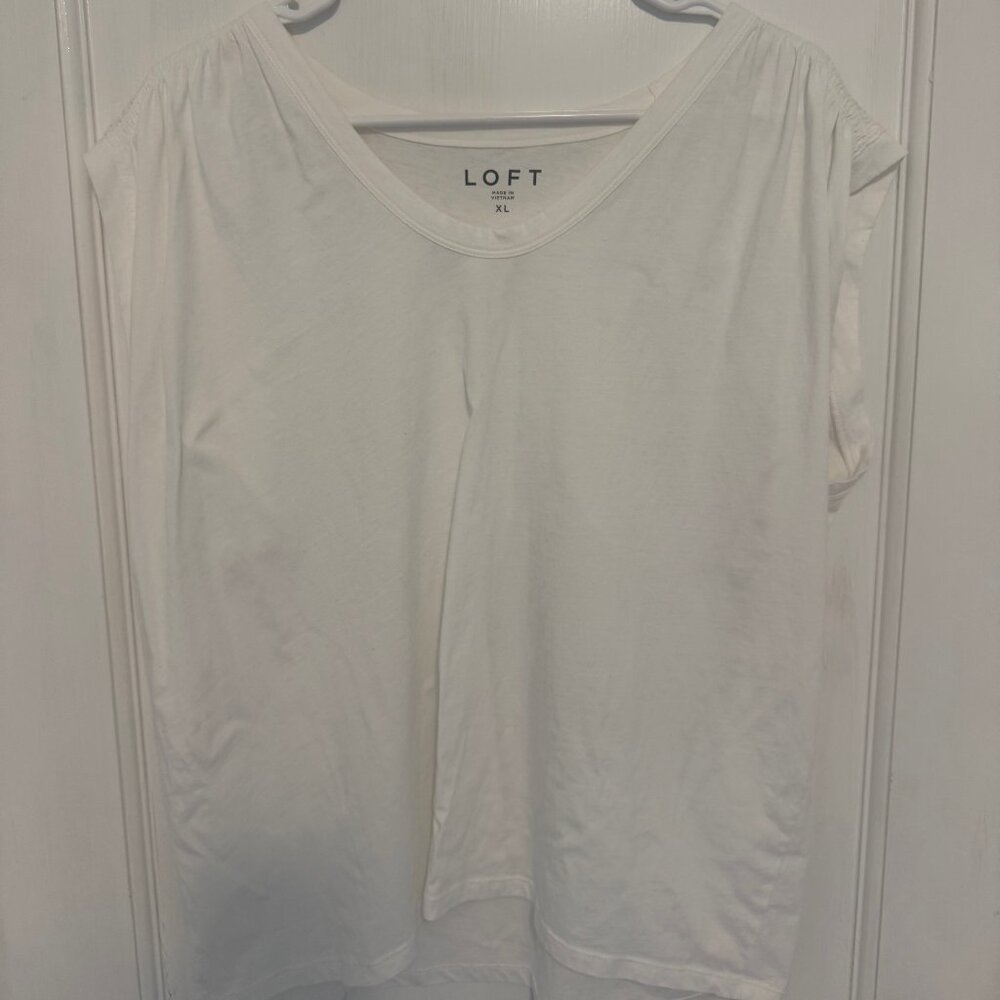 LOFT White Tee-Cap Sleeve- Ruching on Sleeve